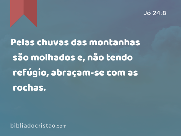 Pelas chuvas das montanhas são molhados e, não tendo refúgio, abraçam-se com as rochas. - Jó 24:8