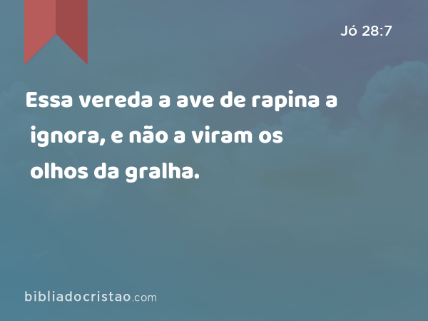 Essa vereda a ave de rapina a ignora, e não a viram os olhos da gralha. - Jó 28:7