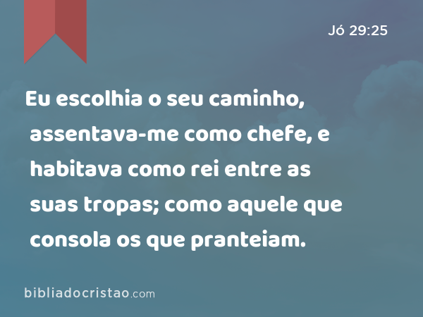 Eu escolhia o seu caminho, assentava-me como chefe, e habitava como rei entre as suas tropas; como aquele que consola os que pranteiam. - Jó 29:25