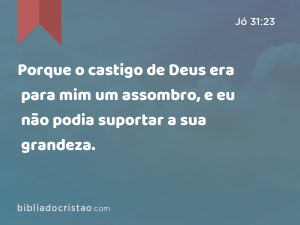 Porque o castigo de Deus era para mim um assombro, e eu não podia suportar a sua grandeza. - Jó 31:23