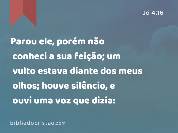 Parou ele, porém não conheci a sua feição; um vulto estava diante dos meus olhos; houve silêncio, e ouvi uma voz que dizia: - Jó 4:16