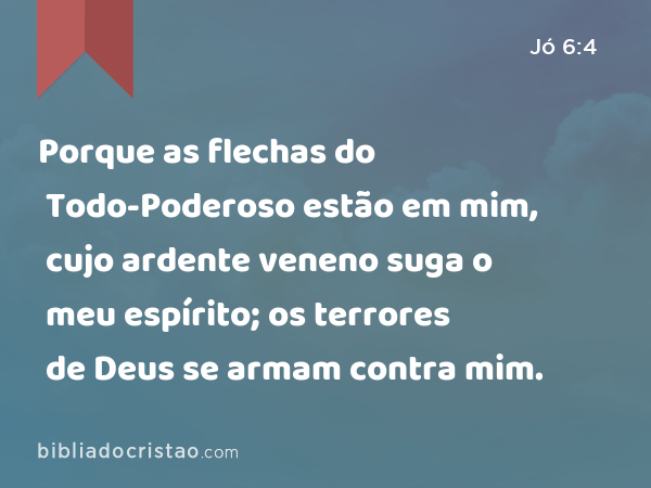 Porque as flechas do Todo-Poderoso estão em mim, cujo ardente veneno suga o meu espírito; os terrores de Deus se armam contra mim. - Jó 6:4