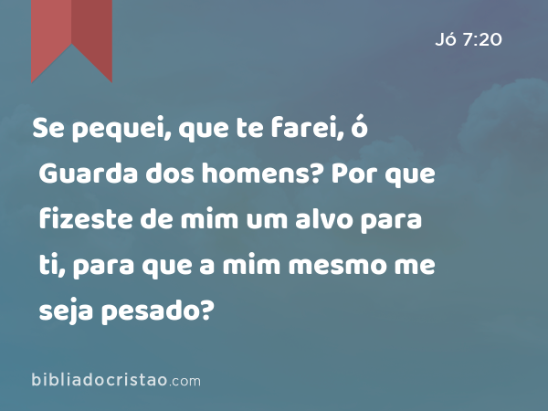 Se pequei, que te farei, ó Guarda dos homens? Por que fizeste de mim um alvo para ti, para que a mim mesmo me seja pesado? - Jó 7:20