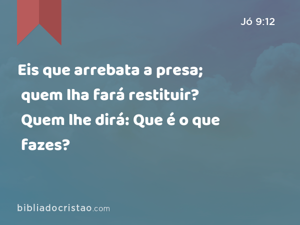 Eis que arrebata a presa; quem lha fará restituir? Quem lhe dirá: Que é o que fazes? - Jó 9:12