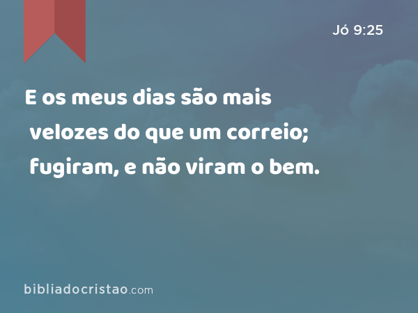 E os meus dias são mais velozes do que um correio; fugiram, e não viram o bem. - Jó 9:25