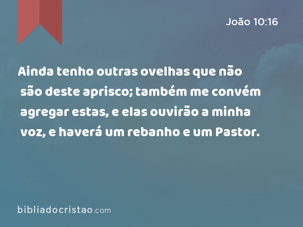 Ainda tenho outras ovelhas que não são deste aprisco; também me convém agregar estas, e elas ouvirão a minha voz, e haverá um rebanho e um Pastor. - João 10:16