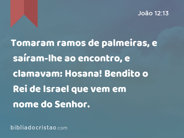 Tomaram ramos de palmeiras, e saíram-lhe ao encontro, e clamavam: Hosana! Bendito o Rei de Israel que vem em nome do Senhor. - João 12:13