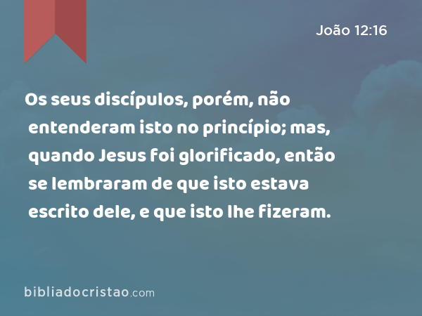 Os seus discípulos, porém, não entenderam isto no princípio; mas, quando Jesus foi glorificado, então se lembraram de que isto estava escrito dele, e que isto lhe fizeram. - João 12:16