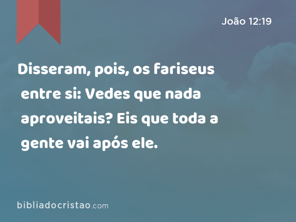 Disseram, pois, os fariseus entre si: Vedes que nada aproveitais? Eis que toda a gente vai após ele. - João 12:19