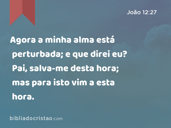 Agora a minha alma está perturbada; e que direi eu? Pai, salva-me desta hora; mas para isto vim a esta hora. - João 12:27