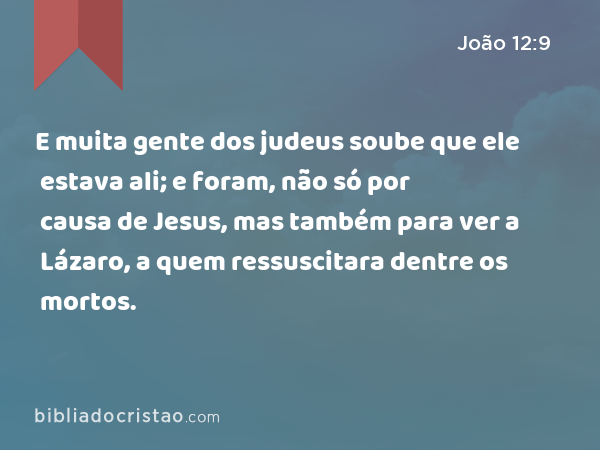 E muita gente dos judeus soube que ele estava ali; e foram, não só por causa de Jesus, mas também para ver a Lázaro, a quem ressuscitara dentre os mortos. - João 12:9