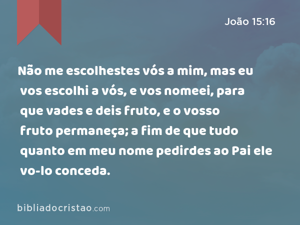 Não me escolhestes vós a mim, mas eu vos escolhi a vós, e vos nomeei, para que vades e deis fruto, e o vosso fruto permaneça; a fim de que tudo quanto em meu nome pedirdes ao Pai ele vo-lo conceda. - João 15:16