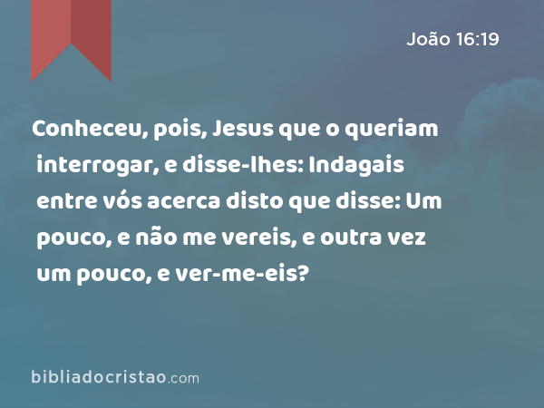 Conheceu, pois, Jesus que o queriam interrogar, e disse-lhes: Indagais entre vós acerca disto que disse: Um pouco, e não me vereis, e outra vez um pouco, e ver-me-eis? - João 16:19