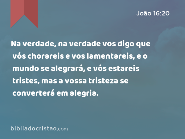 Na verdade, na verdade vos digo que vós chorareis e vos lamentareis, e o mundo se alegrará, e vós estareis tristes, mas a vossa tristeza se converterá em alegria. - João 16:20