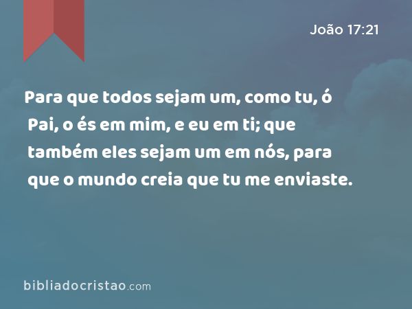 Para que todos sejam um, como tu, ó Pai, o és em mim, e eu em ti; que também eles sejam um em nós, para que o mundo creia que tu me enviaste. - João 17:21