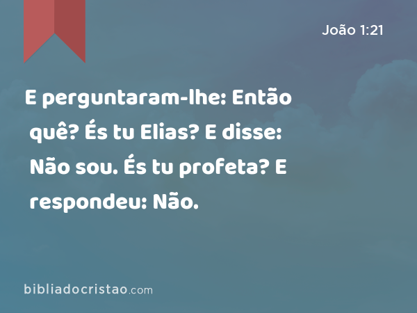 E perguntaram-lhe: Então quê? És tu Elias? E disse: Não sou. És tu profeta? E respondeu: Não. - João 1:21