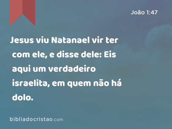 Jesus viu Natanael vir ter com ele, e disse dele: Eis aqui um verdadeiro israelita, em quem não há dolo. - João 1:47