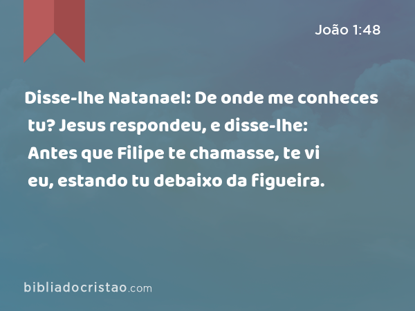 Disse-lhe Natanael: De onde me conheces tu? Jesus respondeu, e disse-lhe: Antes que Filipe te chamasse, te vi eu, estando tu debaixo da figueira. - João 1:48