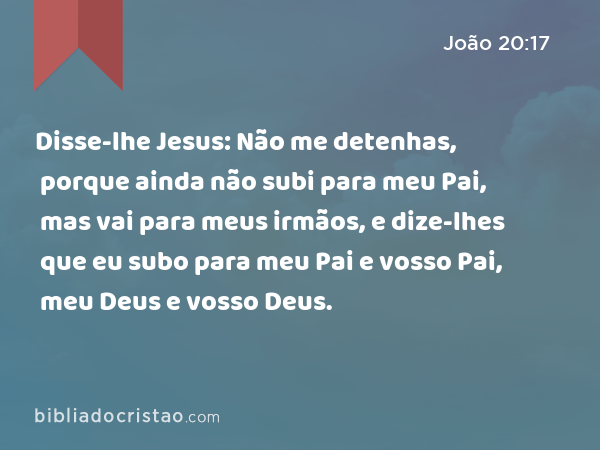 Disse-lhe Jesus: Não me detenhas, porque ainda não subi para meu Pai, mas vai para meus irmãos, e dize-lhes que eu subo para meu Pai e vosso Pai, meu Deus e vosso Deus. - João 20:17