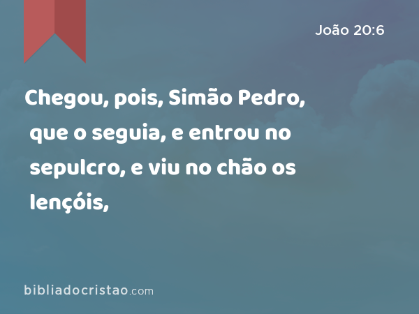 Chegou, pois, Simão Pedro, que o seguia, e entrou no sepulcro, e viu no chão os lençóis, - João 20:6