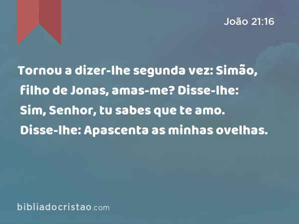 Tornou a dizer-lhe segunda vez: Simão, filho de Jonas, amas-me? Disse-lhe: Sim, Senhor, tu sabes que te amo. Disse-lhe: Apascenta as minhas ovelhas. - João 21:16