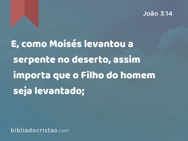 E, como Moisés levantou a serpente no deserto, assim importa que o Filho do homem seja levantado; - João 3:14