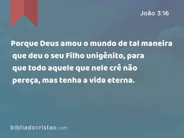 Porque Deus amou o mundo de tal maneira que deu o seu Filho unigênito, para que todo aquele que nele crê não pereça, mas tenha a vida eterna. - João 3:16