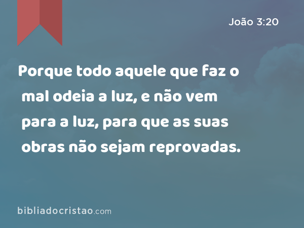 Porque todo aquele que faz o mal odeia a luz, e não vem para a luz, para que as suas obras não sejam reprovadas. - João 3:20