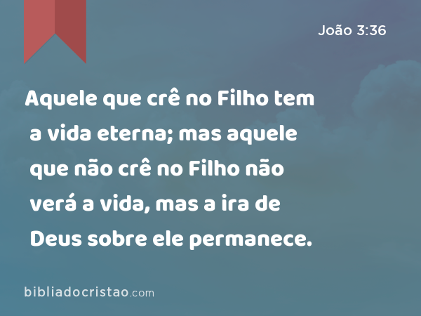 Aquele que crê no Filho tem a vida eterna; mas aquele que não crê no Filho não verá a vida, mas a ira de Deus sobre ele permanece. - João 3:36