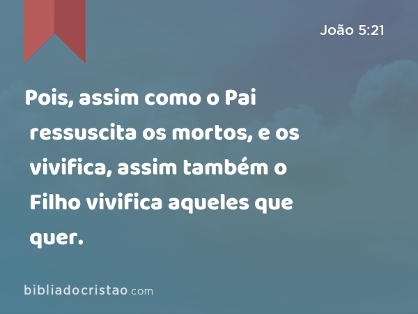 Pois, assim como o Pai ressuscita os mortos, e os vivifica, assim também o Filho vivifica aqueles que quer. - João 5:21