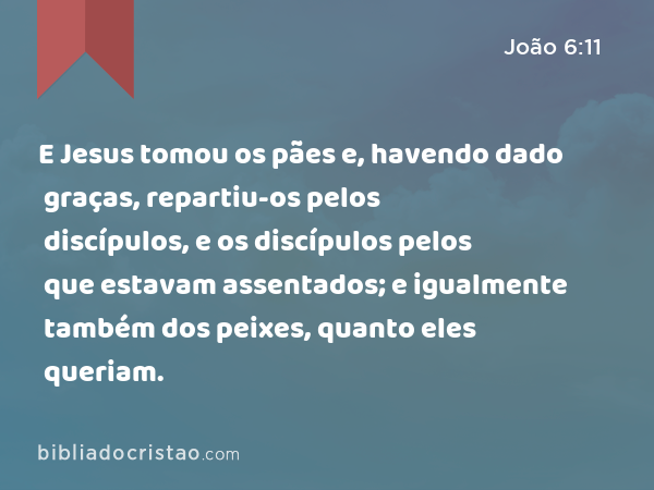 E Jesus tomou os pães e, havendo dado graças, repartiu-os pelos discípulos, e os discípulos pelos que estavam assentados; e igualmente também dos peixes, quanto eles queriam. - João 6:11