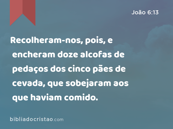 Recolheram-nos, pois, e encheram doze alcofas de pedaços dos cinco pães de cevada, que sobejaram aos que haviam comido. - João 6:13