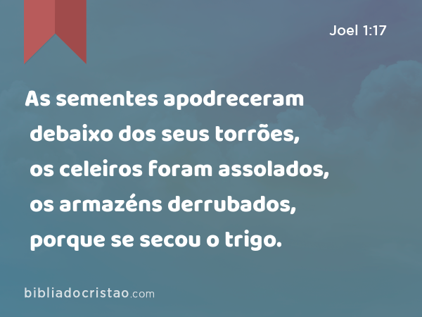 As sementes apodreceram debaixo dos seus torrões, os celeiros foram assolados, os armazéns derrubados, porque se secou o trigo. - Joel 1:17