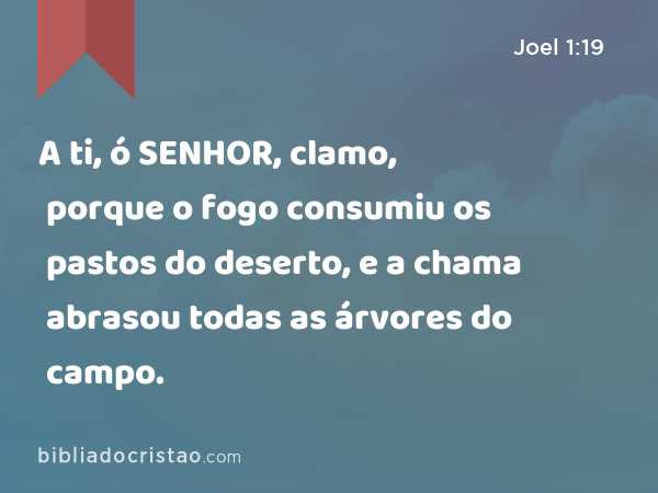 A ti, ó SENHOR, clamo, porque o fogo consumiu os pastos do deserto, e a chama abrasou todas as árvores do campo. - Joel 1:19