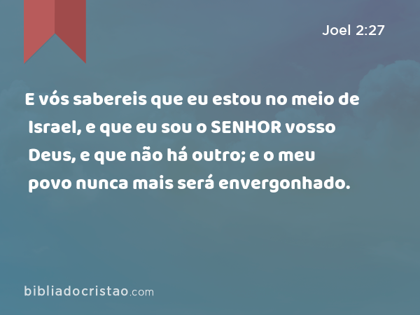 E vós sabereis que eu estou no meio de Israel, e que eu sou o SENHOR vosso Deus, e que não há outro; e o meu povo nunca mais será envergonhado. - Joel 2:27