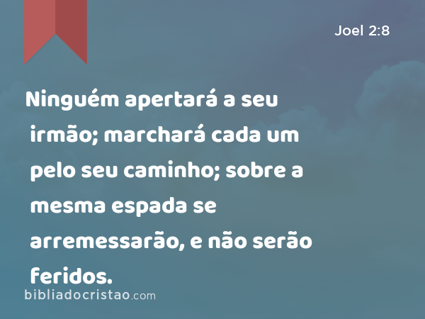 Ninguém apertará a seu irmão; marchará cada um pelo seu caminho; sobre a mesma espada se arremessarão, e não serão feridos. - Joel 2:8