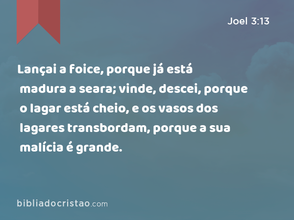 Lançai a foice, porque já está madura a seara; vinde, descei, porque o lagar está cheio, e os vasos dos lagares transbordam, porque a sua malícia é grande. - Joel 3:13