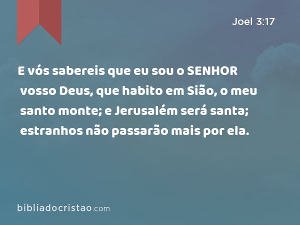 E vós sabereis que eu sou o SENHOR vosso Deus, que habito em Sião, o meu santo monte; e Jerusalém será santa; estranhos não passarão mais por ela. - Joel 3:17