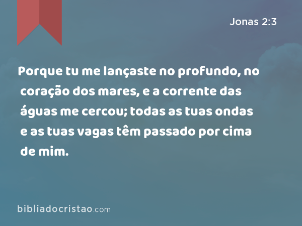 Porque tu me lançaste no profundo, no coração dos mares, e a corrente das águas me cercou; todas as tuas ondas e as tuas vagas têm passado por cima de mim. - Jonas 2:3