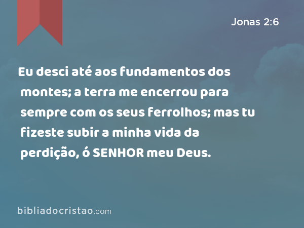 Eu desci até aos fundamentos dos montes; a terra me encerrou para sempre com os seus ferrolhos; mas tu fizeste subir a minha vida da perdição, ó SENHOR meu Deus. - Jonas 2:6