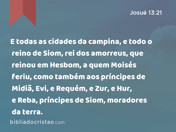 E todas as cidades da campina, e todo o reino de Siom, rei dos amorreus, que reinou em Hesbom, a quem Moisés feriu, como também aos príncipes de Midiã, Evi, e Requém, e Zur, e Hur, e Reba, príncipes de Siom, moradores da terra. - Josué 13:21