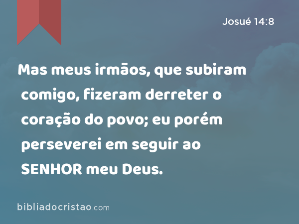 Mas meus irmãos, que subiram comigo, fizeram derreter o coração do povo; eu porém perseverei em seguir ao SENHOR meu Deus. - Josué 14:8