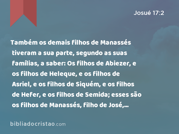 Também os demais filhos de Manassés tiveram a sua parte, segundo as suas famílias, a saber: Os filhos de Abiezer, e os filhos de Heleque, e os filhos de Asriel, e os filhos de Siquém, e os filhos de Hefer, e os filhos de Semida; esses são os filhos de Manassés, filho de José, segundo as suas famílias. - Josué 17:2