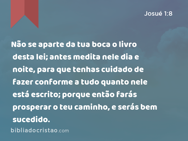 Não se aparte da tua boca o livro desta lei; antes medita nele dia e noite, para que tenhas cuidado de fazer conforme a tudo quanto nele está escrito; porque então farás prosperar o teu caminho, e serás bem sucedido. - Josué 1:8