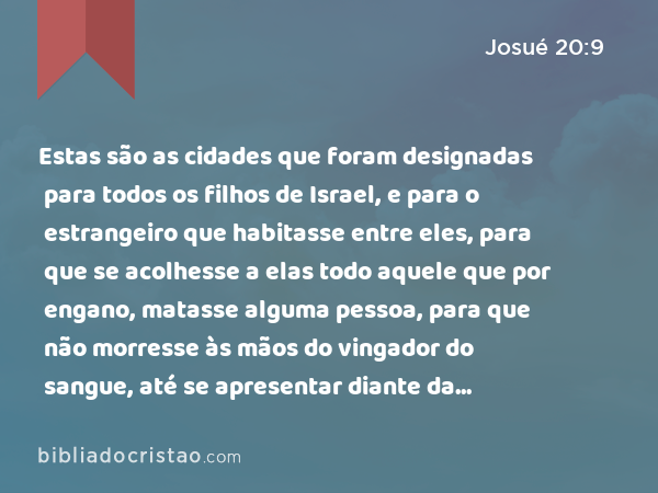 Estas são as cidades que foram designadas para todos os filhos de Israel, e para o estrangeiro que habitasse entre eles, para que se acolhesse a elas todo aquele que por engano, matasse alguma pessoa, para que não morresse às mãos do vingador do sangue, até se apresentar diante da congregação. - Josué 20:9