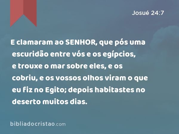 E clamaram ao SENHOR, que pós uma escuridão entre vós e os egípcios, e trouxe o mar sobre eles, e os cobriu, e os vossos olhos viram o que eu fiz no Egito; depois habitastes no deserto muitos dias. - Josué 24:7