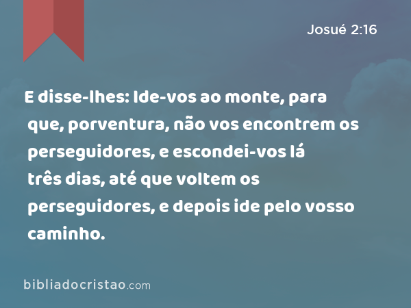 E disse-lhes: Ide-vos ao monte, para que, porventura, não vos encontrem os perseguidores, e escondei-vos lá três dias, até que voltem os perseguidores, e depois ide pelo vosso caminho. - Josué 2:16