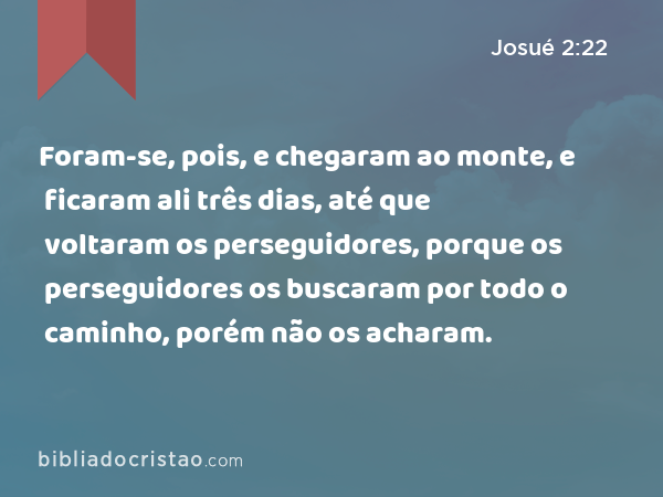 Foram-se, pois, e chegaram ao monte, e ficaram ali três dias, até que voltaram os perseguidores, porque os perseguidores os buscaram por todo o caminho, porém não os acharam. - Josué 2:22