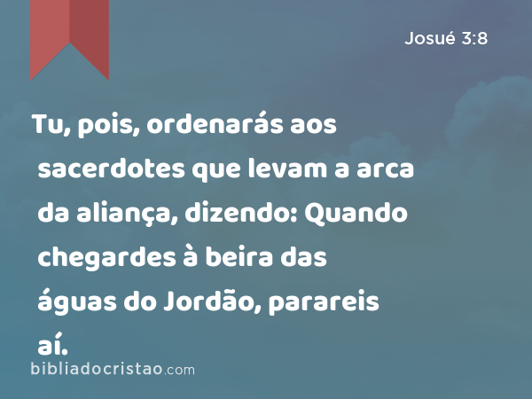 Tu, pois, ordenarás aos sacerdotes que levam a arca da aliança, dizendo: Quando chegardes à beira das águas do Jordão, parareis aí. - Josué 3:8