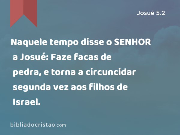 Naquele tempo disse o SENHOR a Josué: Faze facas de pedra, e torna a circuncidar segunda vez aos filhos de Israel. - Josué 5:2